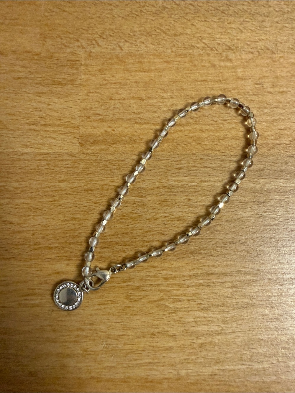 Clear bead with crystal accent charm simple silver tone bracelet